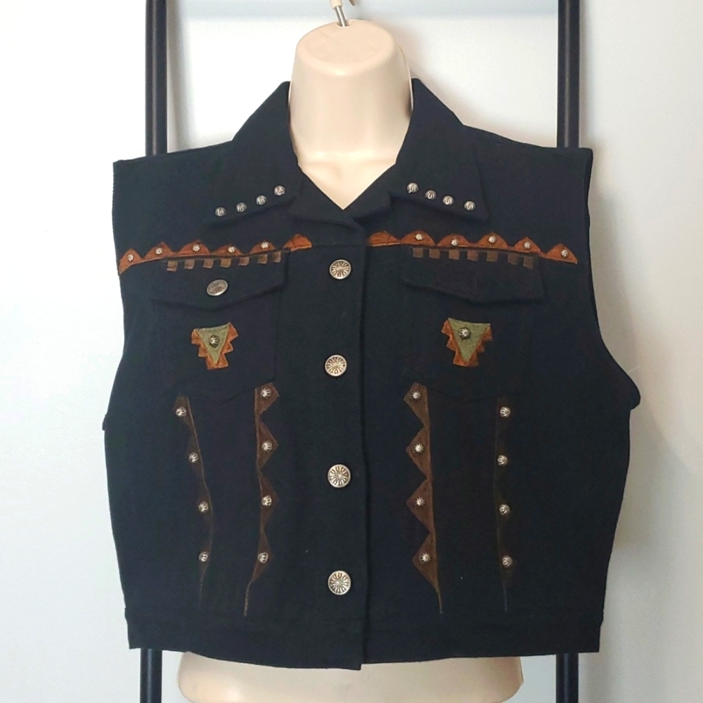 Vintage Western Black embellished vest Gordon James Denim Co brand Y2K Women